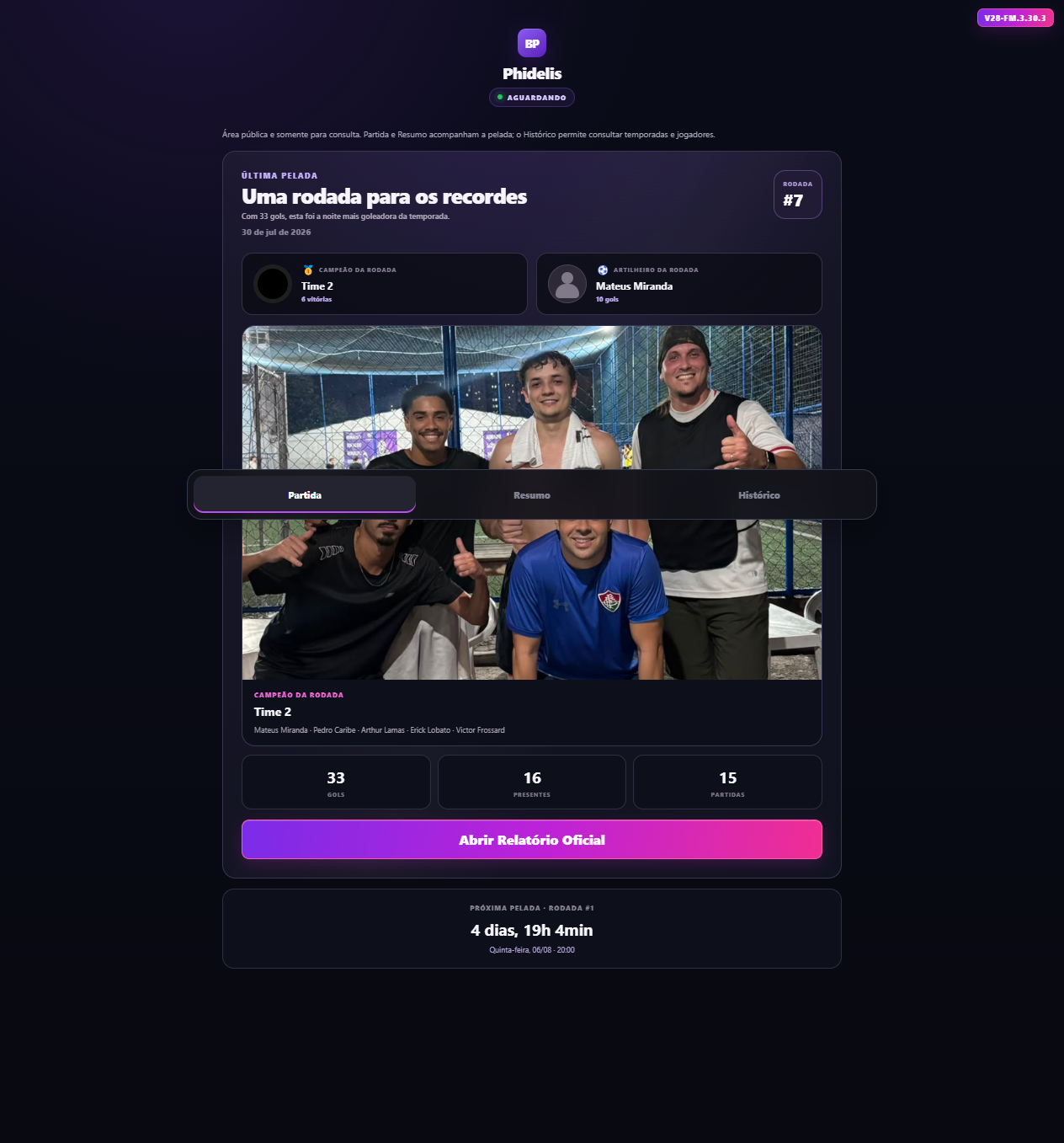Tela pública real mostrando campeão, artilheiro e números da rodada